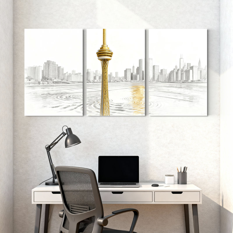 Monument historique, tour dorée, paysage urbain, reflet de l'eau, ensemble de 3 impressions sur toile, H 18 po x l 36 po