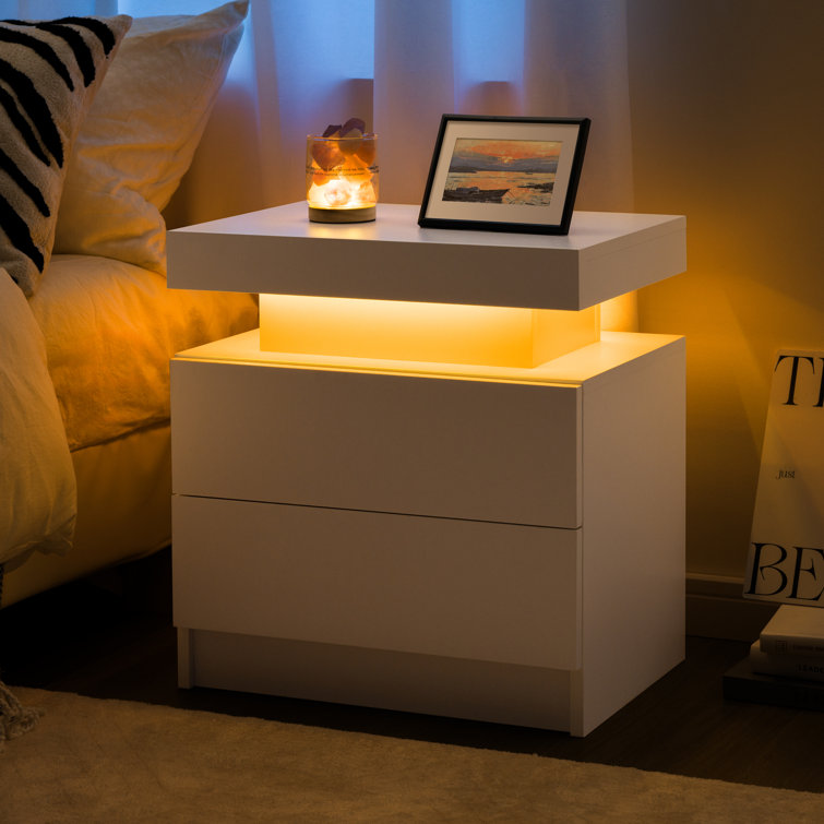 Bedside Table With 2 Drawers, Led Nightstand Wooden Cabinet Unit With Led Lights For Bedroom, End Table Side Table For Bedroom Living Room