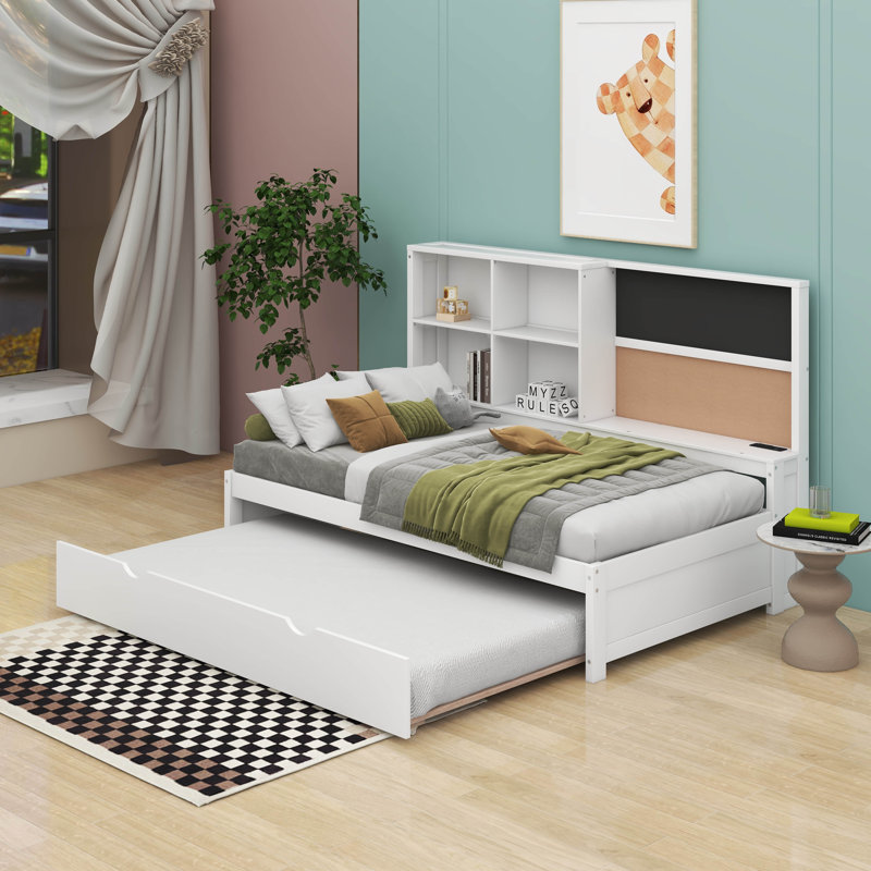  Daybed With Storage Shelves, Blackboard, Cork Board, USB Ports And Trundle, Twin