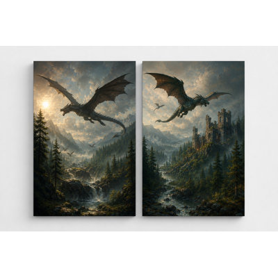 Large Set of 2 Flying Dragon Fantasy Wall Art Medieval Castle Canvas Prints Gamer Room Decor 16x24 Inch Canvas Print - Ready to hang