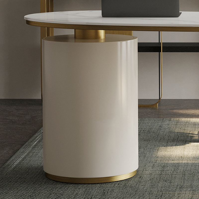 Bureau en pierre frittée de style italien de luxe léger, H 28,74 po x l 62,99 po x P 27,56 po, Blanc / gris / or