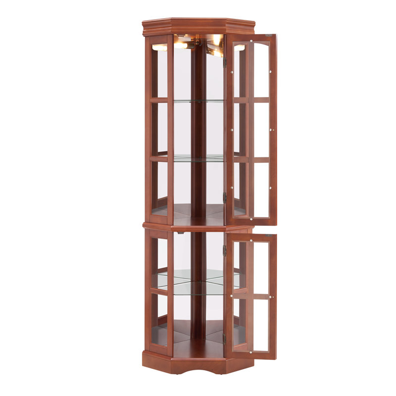 Vitrine d'angle avec 5 tablettes et éclairage, éclairage à finition noyer, Noyer