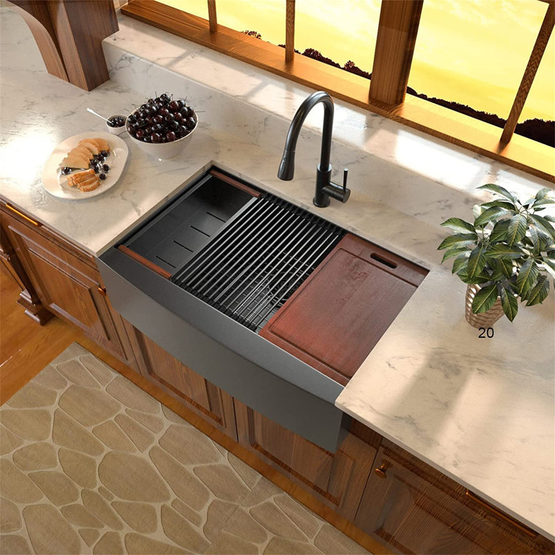 Farmhouse Sink Workstation - 30 Inch Kitchen Sink Gunmetal  Stainless Steel 16 Gauge Apron Front Kitchen Sink