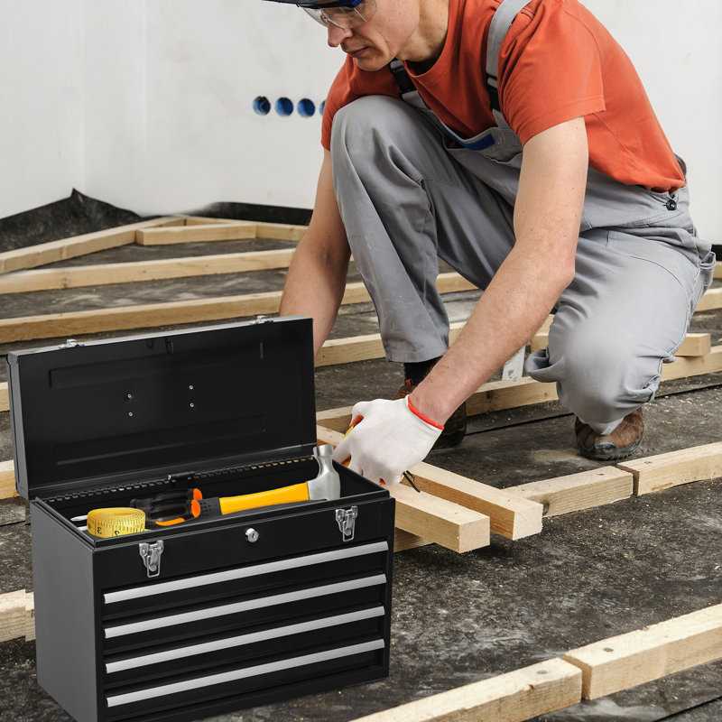 Commode 4 tiroirs en métal - Boîte en acier thermolaqué pour garage avec tiroirs à outils noirs avec serrure