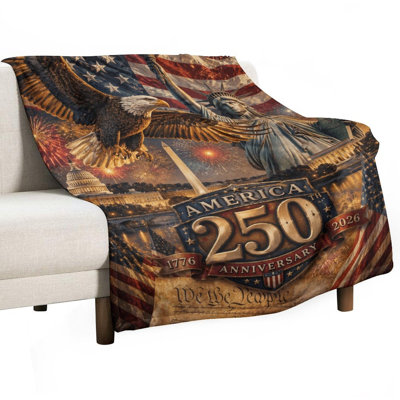 America 250th Anniversary Celebration Eagle Statue Flag Fireworks Capitol Building Luxury Flannel Throw Blanket, Soft Warm Fuzzy Blanket for Living Room Sofa Bed Home Decor
