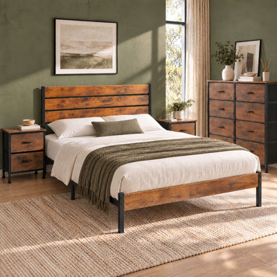 4-Piece Industrial Bedroom Set, Wood Platform Bed Frame with 2 Nightstands & Dresser of 8 Drawers
