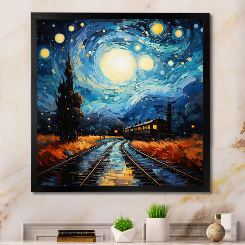 Blue Train Rails By Vincent I - Transportation Wall Art Living Room, H 16 po x l 16 po x P 1 po, Cadre photo noir