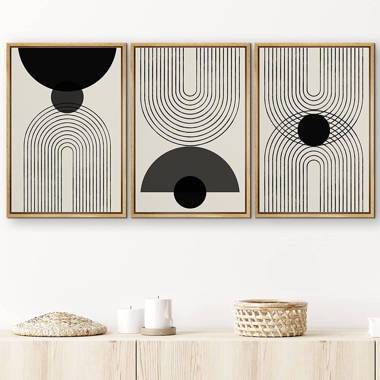 Mid Century Modern Abstract Wall Art Black Semi-Circle An Line Parabola Framed Art Framed On Canvas 3 Pieces Print