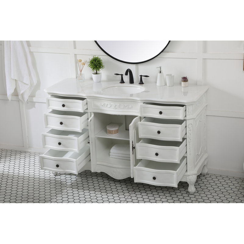 Ensemble de meuble-lavabo simple 60 po Lunette, Blanc ivoire, Teck