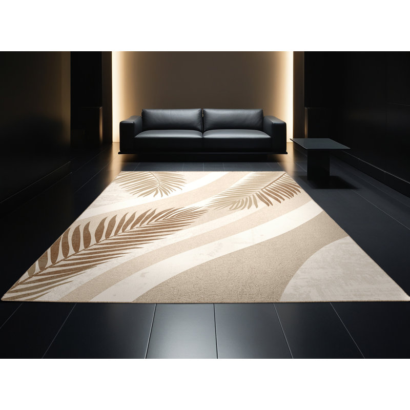 Tapis beige doux et moelleux à motif de palmiers et de palmiers Calvin, Rond 3 pi