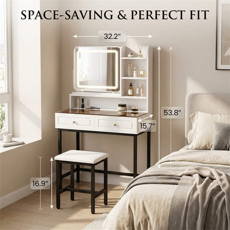 Vanity Table Featuring A 360° Rotating Mirror And Led Lighting, Complete With 2 Drawers, A Power Outlet, And 3 Shelves