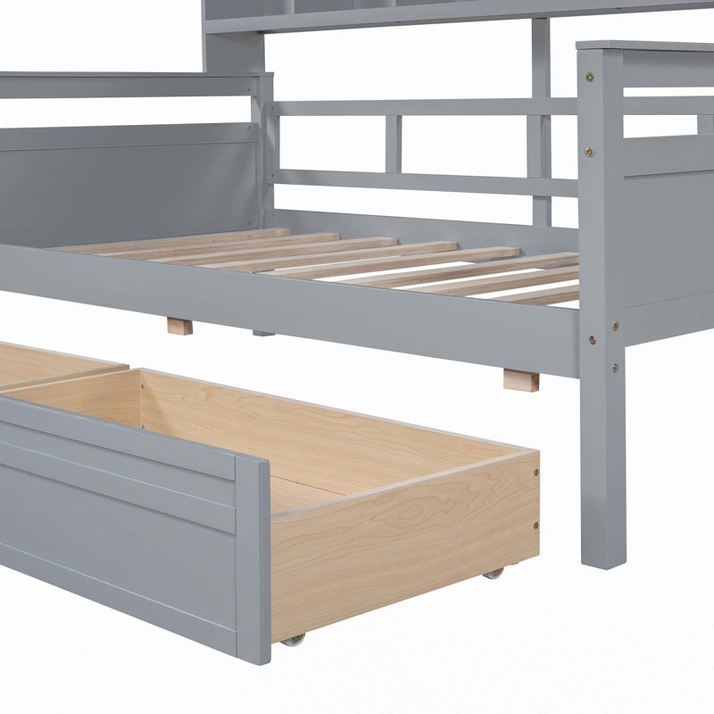 Daybed, Wood Slat Support, with Bedside Shelves and Two Drawers, Gray, Twin