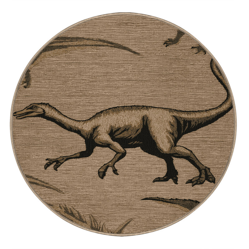 Tapis beige dinosaures lavable à la machine, Rond 3 pi