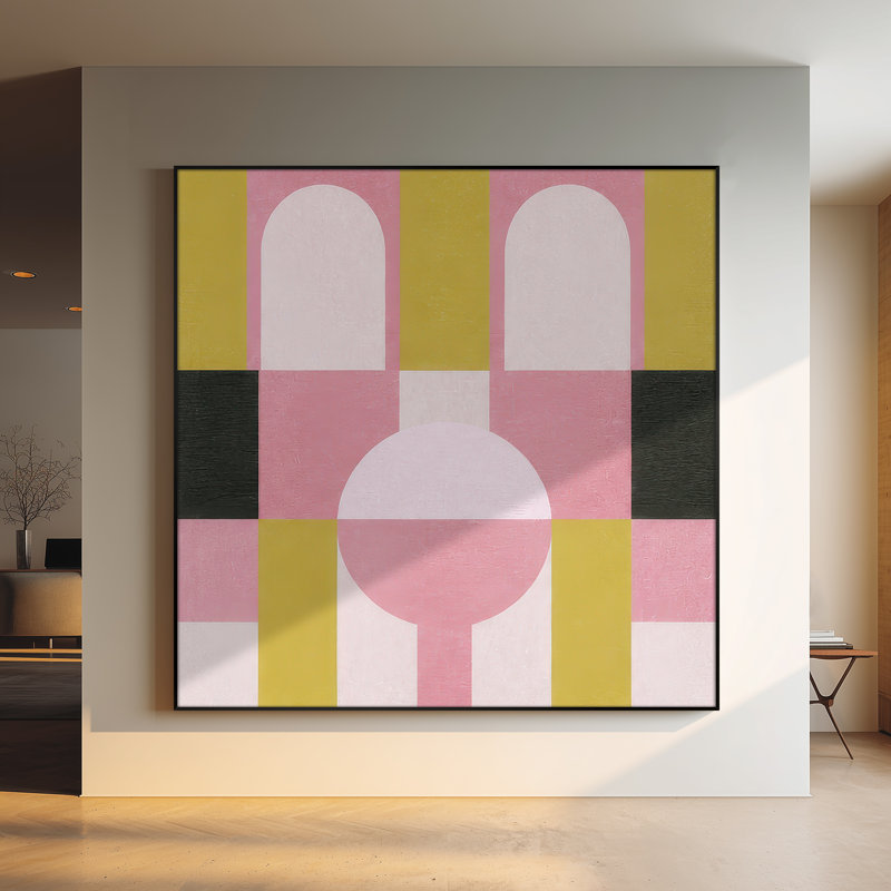 Très grand art mural imprimé sur tissu - Arches géométriques modernes dans des tons roses et moutarde pour le salon ou la chambre à coucher - «Assemblage requis du cadre (cadre non fini)»