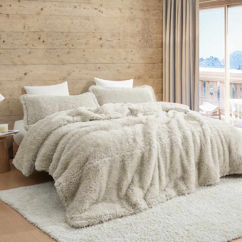 Ensemble d'édredon en fausse fourrure Coma, Édredon pour grand lit + 2 taies décoratives sta, Beige