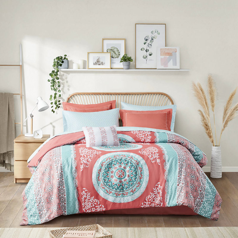 Édredon bleu marine à motif de draps - Imprimé, Édredon lit double et 8 pièces incluses, Coral