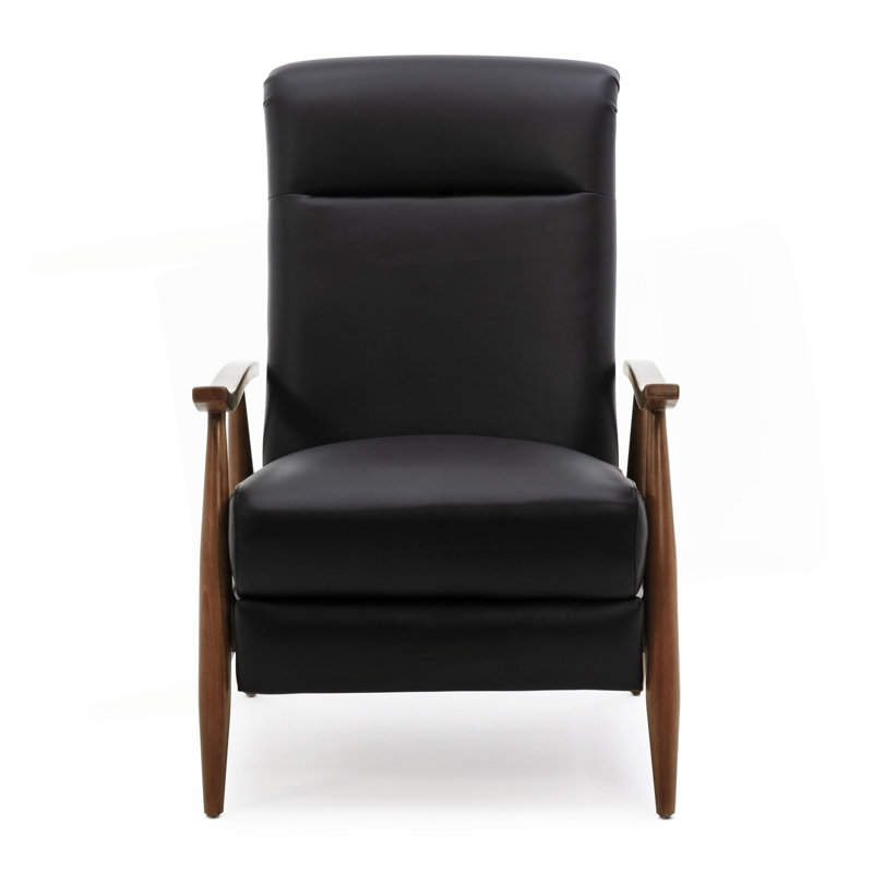 Fremont Leather Wood Arm Push Back Recliner, Black