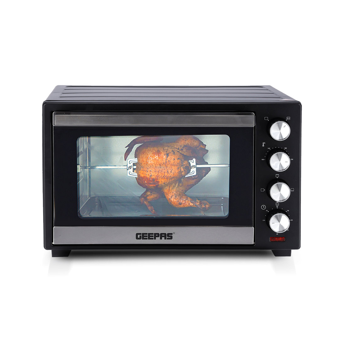 GEEPAS Mini Oven & Grill Rotisserie Baking Roasting & Grilling 1600W Temp Control 100–230°C Double Glass Door 60min Timer Auto Shut Off Bell