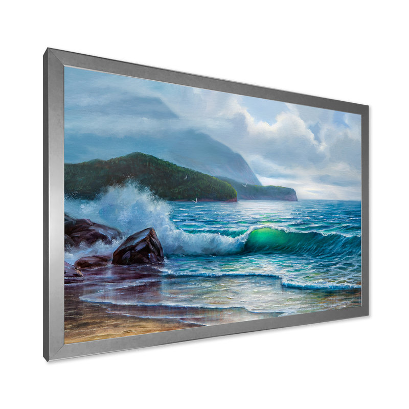 «Morning Sunlight On The Sea Waves», art mural nautique et côtier sur toile, H 16 po x l 32 po x P 1 po, Cadre photo argenté