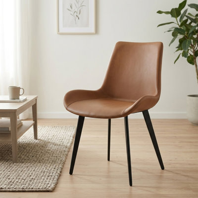 Modern Dining Chairs, PU Leather Padded Accent Side Chair with Sturdy Metal Legs for Living Room Dining Room, Brown, Set of 4