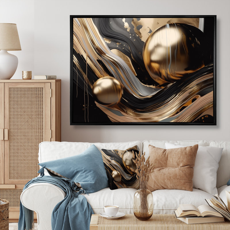 Impression sur toile encadrée dorée et noire I - marbre abstrait, Cadre flottant noir, H 24 po x l 32 po x P 1 po