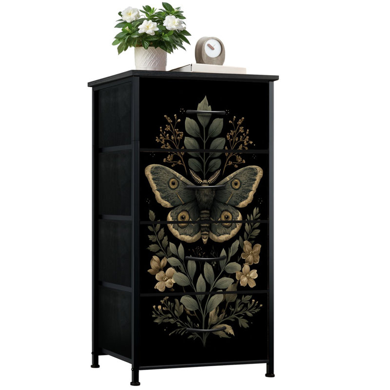 Commode pour chambre à coucher avec 4 tiroirs de rangement Cottagecore foncé papillon Moody papillon rétro gothique animaux botaniques Commode en acier avec cadre en placard