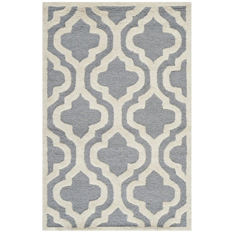 Handmade Silver & Ivory Wool Geometric Tufted Rug, 11' x 15'
