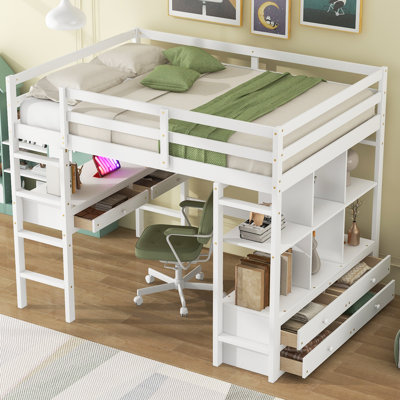 Lit mezzanine double avec bureau intégré, tiroirs et tablettes de rangement, blanc compact