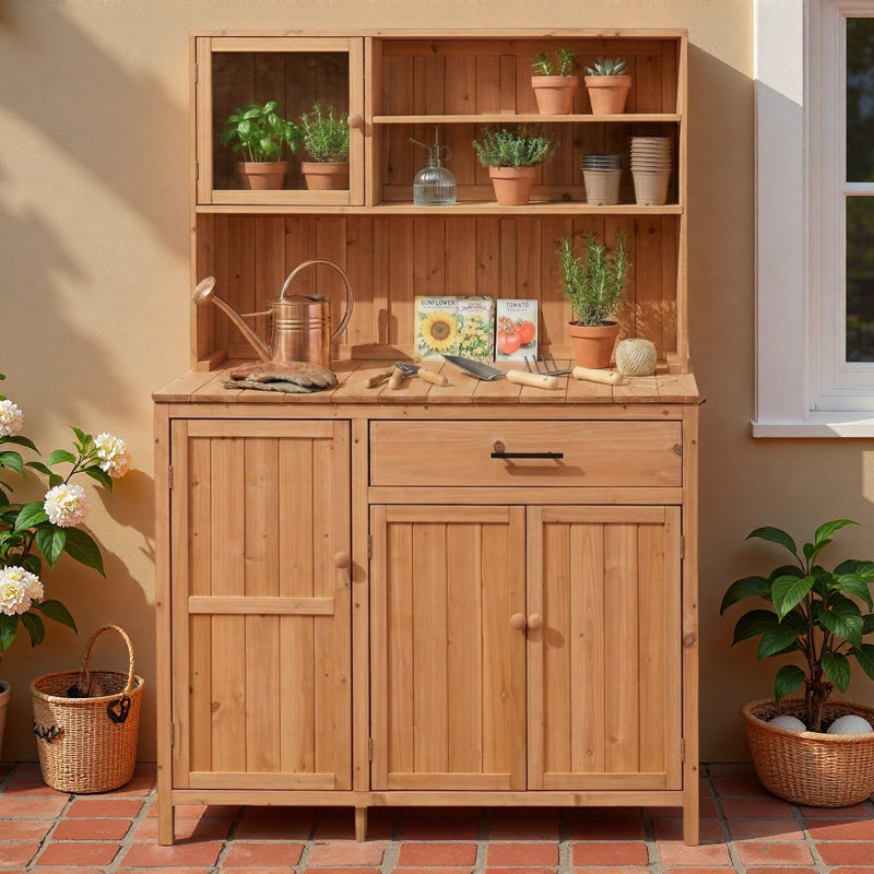 Banc de rempotage avec huche, grand comptoir, tablettes réglables, support à épices, crochets latéraux et tiroir, Naturel