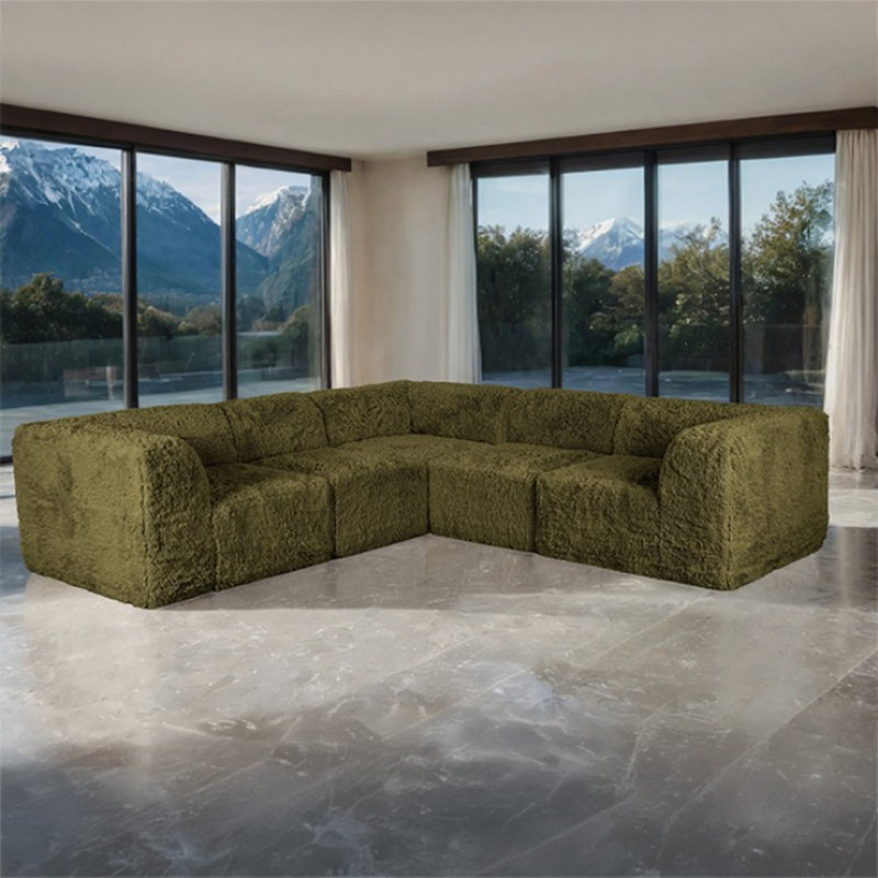 Canapé modulaire symétrique 5 pièces Eastleigh, Fausse fourrure vert olive