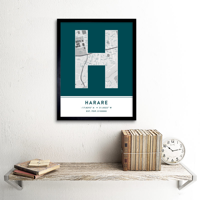Harare City Map Harare Zimbabwe City Map Teal - Single Picture Frame Typography