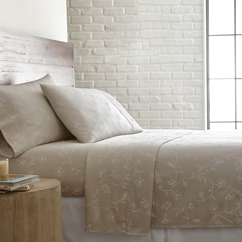 Southshore Fine Linens Sweetbrier Sand Floral Extra Deep Pocket Sheet Set, 100% Cotton 300 Thread Count Sateen Bedding, 2 Pillowcases, 22-Inch Deep Pocket, Queen