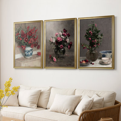 Vintage Floral Print CCLVI  -Custom Framed  Wrapped Gallery Canvas - 3 Pieces
