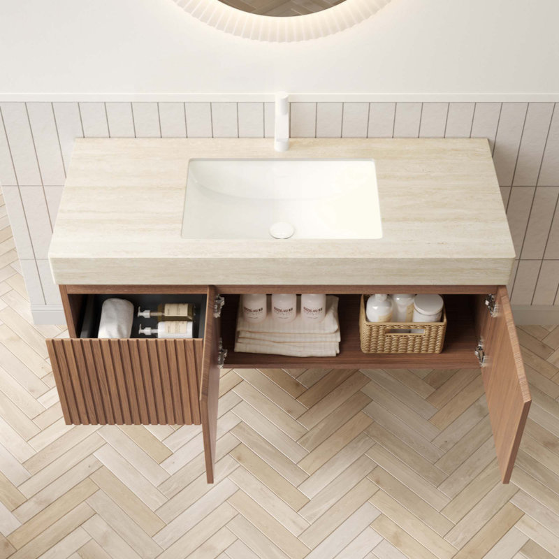 Meuble-lavabo de salle de bain avec lavabo, armoire de rangement murale en contreplaqué avec tiroir et 2 portes, comptoir à motif de travertin avec lavabo Roma, pré-assemblé