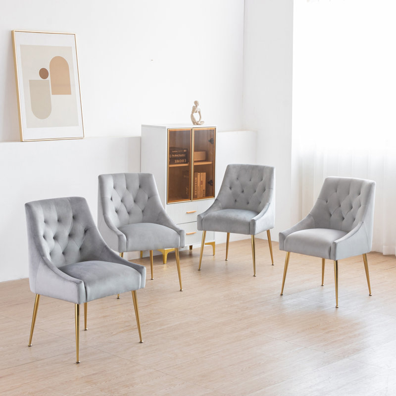 Modern Dining Chairs, Velvet Upholstered Dining Room Chairs with Gold Legs,Tufted Accent Chair Set of 4 for Reception Room Living Room Study Room(Gray)