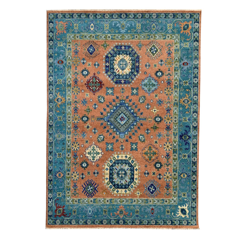 Ava Kazak Rust Hand Knotted Wool Rust / S.Blue Traditional Classic Area Rug, Rectangle 8' x 10'