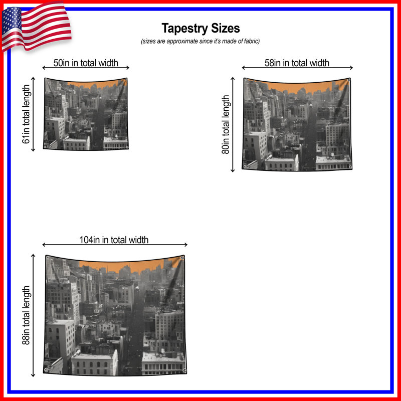 Tapisserie murale orange City Skyline - décor mural paysage urbain, 50 po H x 60 po L avec 4 œillets
