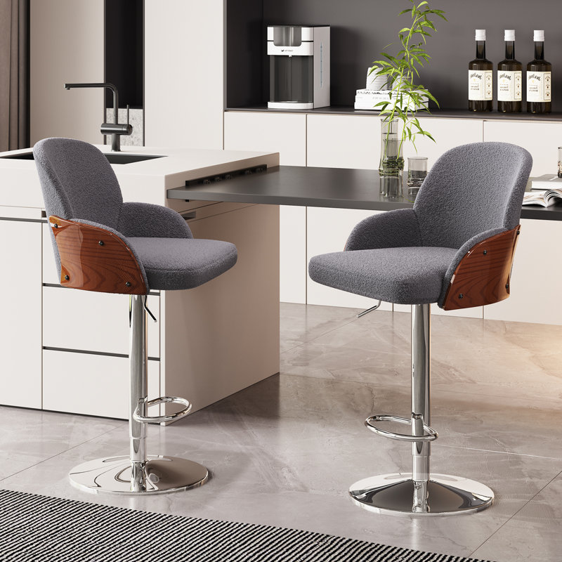 Ensemble de 2 tabourets de bar pivotants rembourrés, hauteur de comptoir réglable avec accoudoirs, Gris
