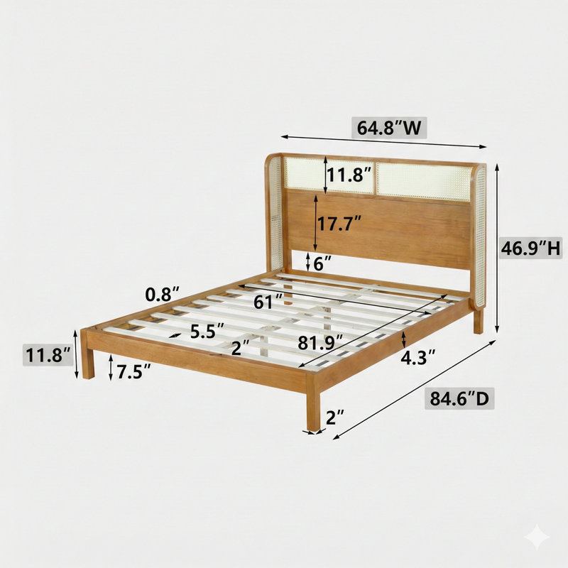 Structure de lit plateforme durable fabriquée en bois d'hévéa de grande qualité, avec un grand lit et une tête de lit, présentant un design moderne Mid-Century dans un ton de bois naturel.