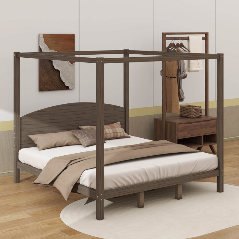 Très grand lit plateforme à baldaquin avec tête de lit et pieds de support, Brun