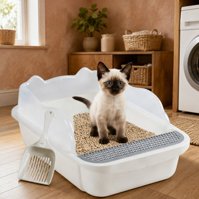 Bac à litière à bords hauts de 11 x 17 x 7 pouces avec une conception semi-fermée et amovible pour éviter les éclaboussures ; comprend une pelle à litière et offre des toilettes pour chatons faciles à nettoyer et sans odeur.