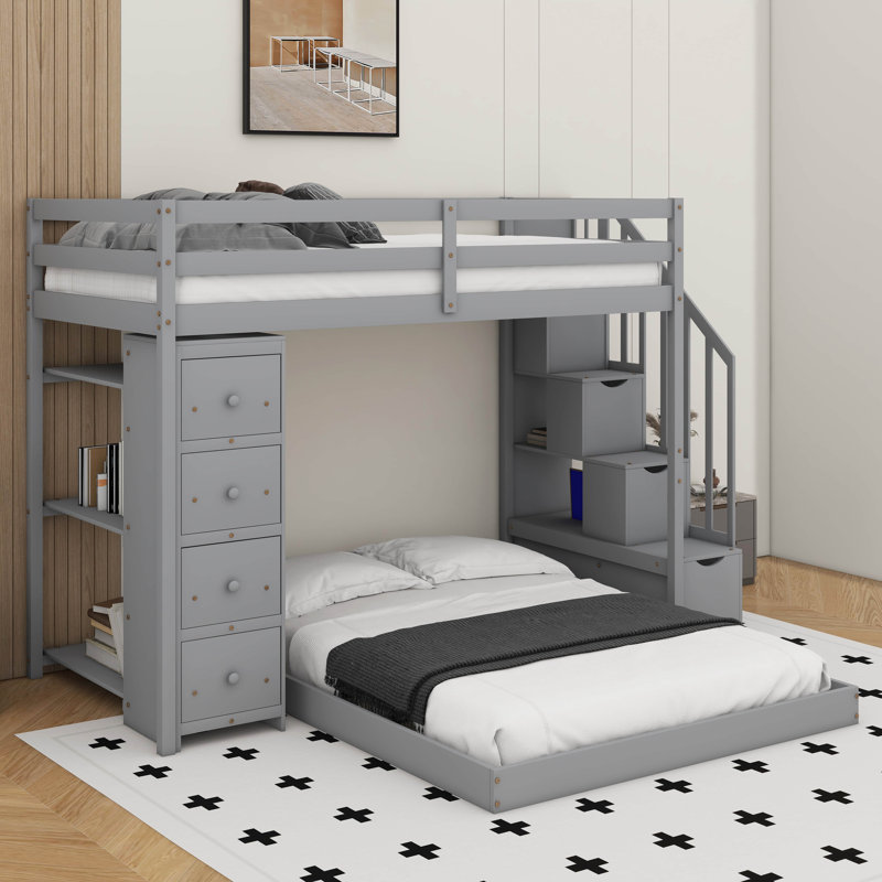 Lit simple superposé au dessus d'un lit double avec tablettes, tiroirs, Gris