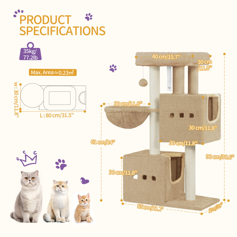 Cat Tree, 98 cm Tower, Sisal Scratching Post, Cats Tower for Indoor, Multi-Level Stable Cat Tree with Cats House, 2 Caves, Pompoms 