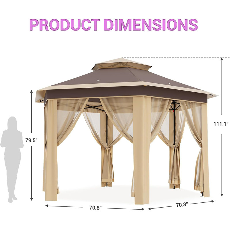 13' X 13' Pop Up Gazebo Hexagonal Outdoor Canopy Shelter Instant Patio Gazebo Tent With Mesh Netting, Khaki