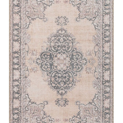 Nile Vintage Machine Washable Flat-Weave Medallion Beige Rug