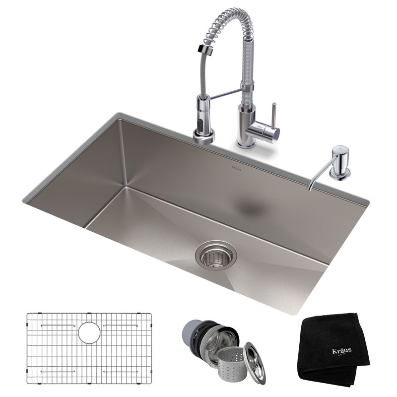 Kraus 32-in Standart Pro Kitchen Sink Combo Set with Bolden™ Kitchen Faucet and Soap Dispenser, Chrome