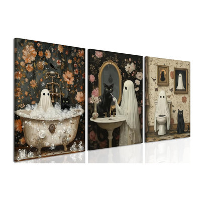 Halloween Ghost Bathroom Wall Art Set Of 3, Funny Gothic Wall Decor Dark Academia Decor Pictures, Horror Ghost And Black Cat In Bathroom Poster Canvas Prints 12X16 Inch Framed