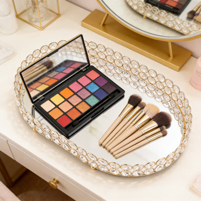 Crystal And Mirrored Vanity Tray For Jewelry And Makeup Organization | Decorative Dresser Tray For Bathroom Countertop And Home Decor