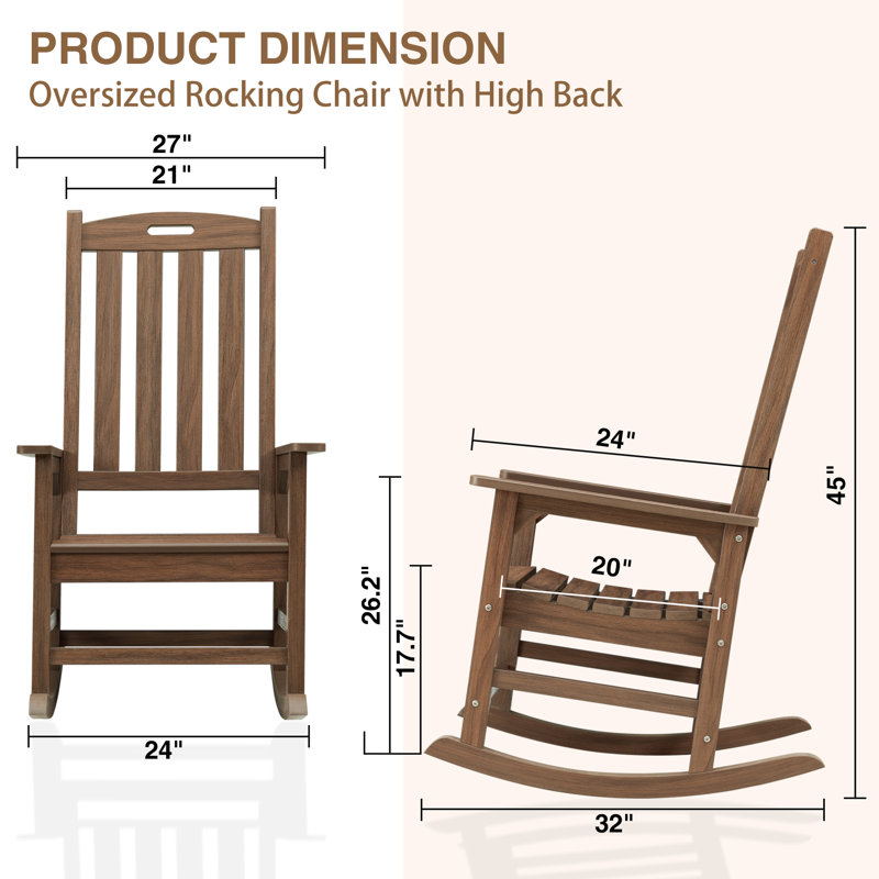Chaise berçante d'extérieur surdimensionnée HiPS - Bascule de patio à haut dossier toutes saisons avec protection contre l'humidité et le soleil - Parfait pour le porche, la pelouse et le jardin, brun foncé
