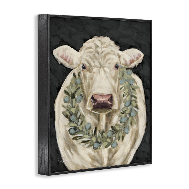 Vache avec couronne de vacances, estampe numérique encadrée noire par Sara G Designs, Giclée encadrée noir minuit